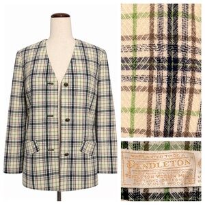 Vintage Pendleton plaid green and white wool blazer- collarless- M